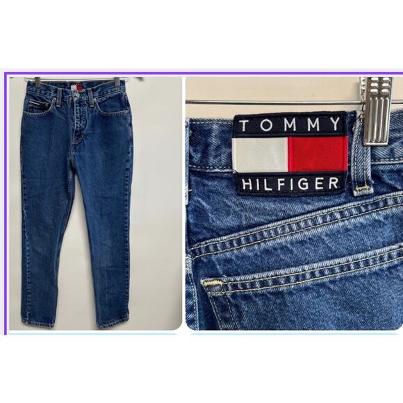 Early 90s TOMMY HILFIGER Jeans 26x29.5 Slim Big Patch Logo 1990s Denim Vintage - Picture 1 of 15